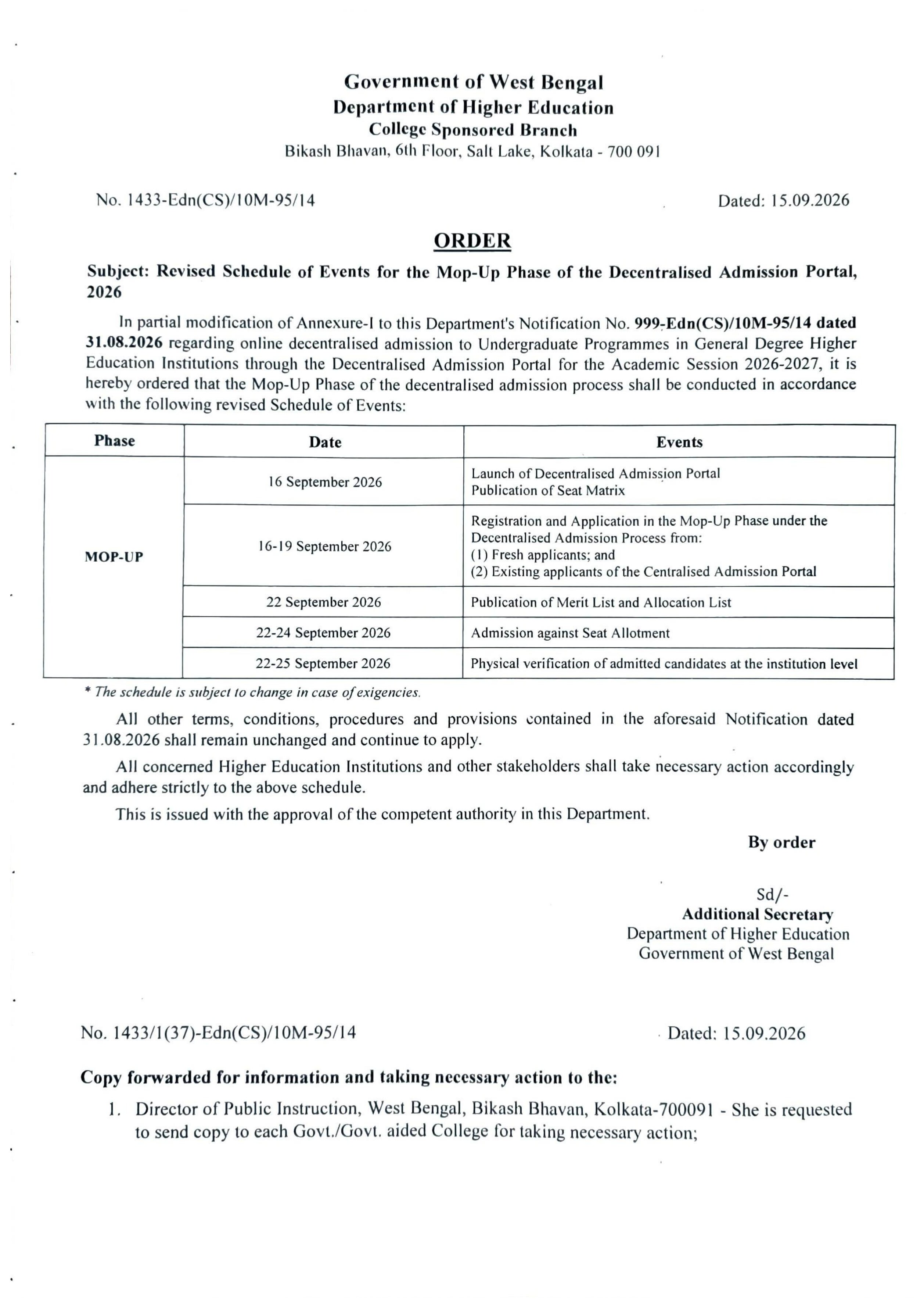 Government of West Bengal, Department of Higher Education order dated 15.09.2026 — Revised Schedule of Events for the Mop-Up Phase of the Decentralised Admission Portal 2026